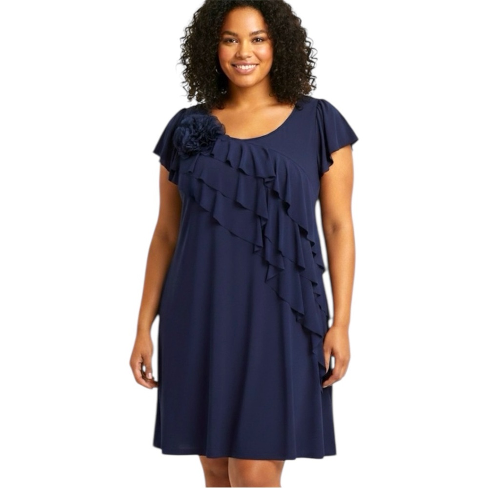 Nic & Dom Navy Blue Short Sleeve Pull On Ruffle Flutter Sleeve Dress Size 2X